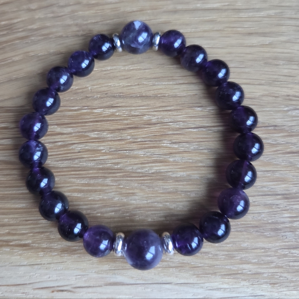 Amethyst Beads Stretch Bracelet - Hand Crafted - Picture 3 of 13